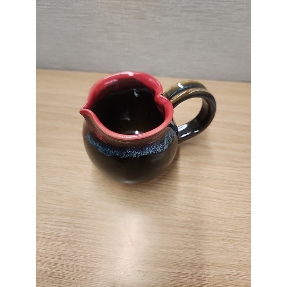 Studio Art Pottery Drip Glaze Coffee Mug Heart Shaped Rim Brown Blue Red Signed